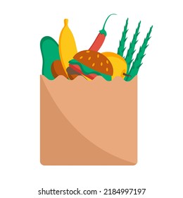 Bolsa de papel con comida. Ilustración vectorial de los alimentos en un envase. Entrega de alimentos.