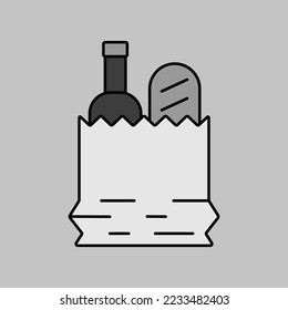 Paper bag with food vector grayscale icon. Delivery sign. Graph symbol for cooking web site and apps design, logo, app, UI