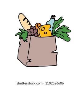 Paper bag with foods. Grocery delivery concept. Doodle cartoon style. Vector illustration.