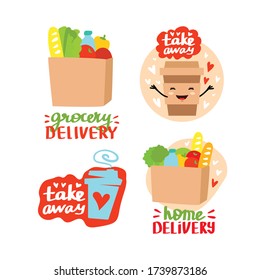Paper bag with foods. Grocery delivery concept set. Flat cartoon style. Vector illustration collection.