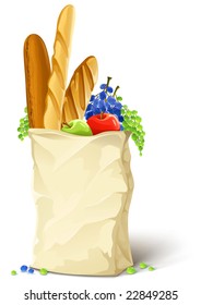 paper bag with fresh food bread and fruits vector illustration