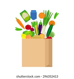 Paper bag with fresh food products in flat style on white background vector illustration