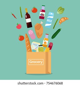 Paper bag with fresh organic food. Shopping at the grocery store.