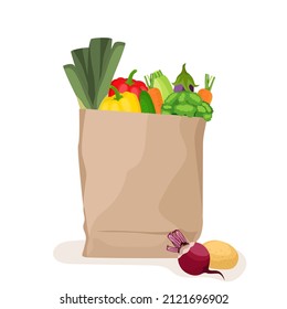 Bolsa de papel con verduras frescas aisladas de fondo blanco.