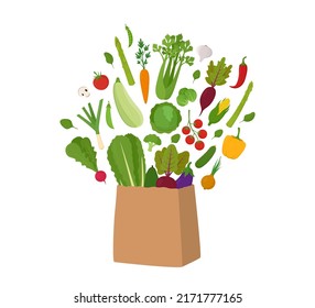 Paper bag with fresh vegetables. Splash of organic fresh vegetables.  Vector cartoon illustration isolated on white background.