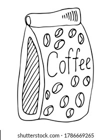 Bolsa de papel llena de granos de café arte de contorno negro. Ilustración vectorial del embalaje de café artesanal. Estilo de tinta de doodles de moda, bueno como icono, logo para cafetería.