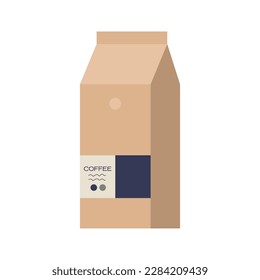 Paper bag full of coffee isolated on white background. Fresh coffee package. Flat vector modern minimalist illustration