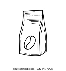 Paper bag full of coffee, vector isolated line art, linear illustration of craft coffee packaging. 