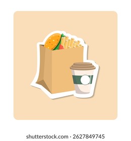 Paper bag full of fast food takeaway with hamburger and french fries is standing on table with coffee cup