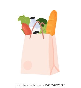 Paper bag full of fresh food. Grocery shopping, supermarket food supplies vector illustration