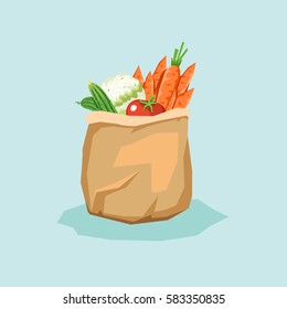 Paper bag full of fresh vegetables. Package with healthy food. Vector colorful illustration 
