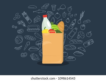 Paper bag full of groceries with sketches on dark blue background. Healthy food. Grocery store. Vector illustration.