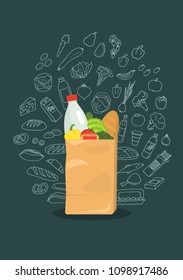 Paper bag full of groceries with sketchs from groceries products on green background. Healthy food. Grocery store. Vector illustration.