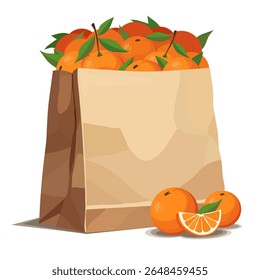 Saco de papel cheio de laranjas vermelhas saudáveis e suculentas isoladas sobre fundo branco. Ilustração de fruta vetorial em estilo plano. Clipart de verão para design de dieta, estilo de vida saudável, nutrição