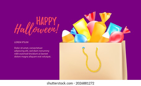 Paper bag full of olorful Halloween sweets for children: candy, chocolate, corn in realistic 3d style isolated on white background. Horizontal web banner with greetings typography