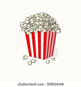 Paper bag full of popcorn. EPS10 Vector Illustration.Popcorn in a striped tub.