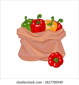 Bolsa de papel llena de pimientos dulces rojos, verdes y amarillos. Bell pimienta en una bolsa de lona. Hortalizas orgánicas. ilustración vectorial dibujada a mano aislada en fondo blanco. Bolsas de iconos con verduras.