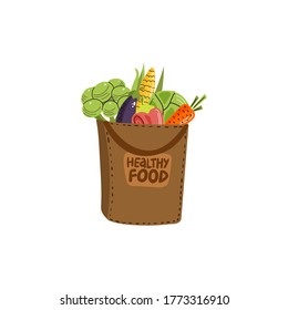 Una bolsa de papel llena de verduras aisladas en el fondo de la luz. Alimentos orgánicos saludables frescos. Ilustración vectorial en estilo doodle plano.