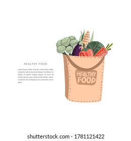 A paper bag full of vegetables isolated on light background. Fresh healthy organic food. Vector illustration in flat doodle style.