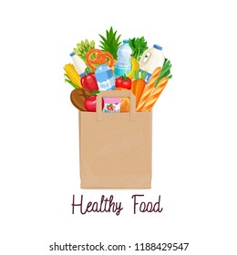 Paper bag of groceries. Concept of healthy food with dairy products, bakery, vegetables and fruits. Vector illustration.