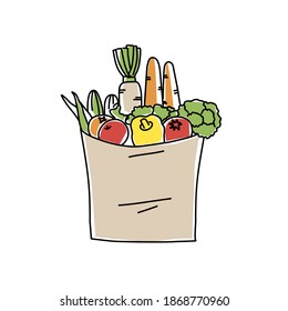 Paper bag with groceries. Hand drawn vector illustration.