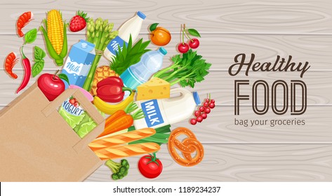 Paper bag of groceries on a wooden background, top view. Concept of healthy food with dairy products, bakery, vegetables and fruits. Vector illustration.