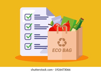 paper bag with groceries. shopping list in the store. flat vector illustration