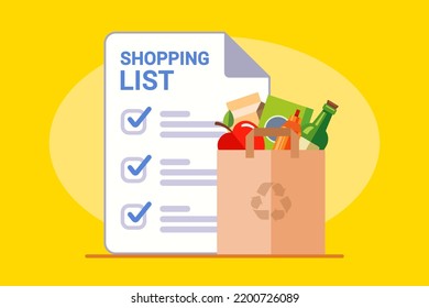 paper bag with groceries. shopping list in the store. flat vector illustration