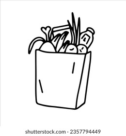 Paper bag with groceries. Vector, hand-drawn isolated. Black and white illustration. Sketch, template, icon, sketch, logo, clipart, silhouette.