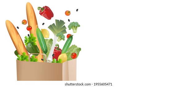 Paper bag, grocery bag. Shopping bag. An open bag from which vegetables and various products fly out. Vector illustration