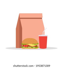 A paper bag with a hamburger and a drink. Vecton illustration.