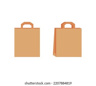 Paper Bag With Handle Template Of Shopping. Brown Craft Paper Pack For Gift, Food, Item. Take Away, Delivery Service In Eco Bag. Mockups Front And Half Turn. Vector Illustration