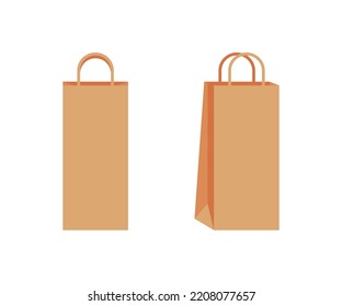 Paper Bag With Handle Template Of Shopping. Brown Craft Paper Pack For Gift, Food, Item. Take Away, Delivery Service In Eco Bag. Mockups Front And Half Turn. Vector Illustration