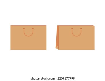 Paper Bag With Handle Template Of Shopping. Brown Craft Paper Pack For Gift, Food, Item. Take Away, Delivery Service In Eco Bag. Mockups Front And Half Turn. Vector Illustration