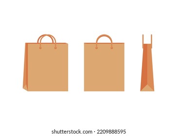 Paper Bag With Handle Template Of Shopping. Brown Craft Paper Pack For Gift, Food, Item. Take Away, Delivery Service In Eco Bag. Mockups Front And Half Turn. Vector Illustration