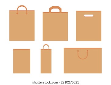 Paper Bag With Handle Template Of Shopping Set. Brown Craft Paper Pack For Gift, Food, Item. Shop, Supermarket Packets, Retail Packaging. Take Away, Delivery In Eco Bag. Mockups Front View. Vector