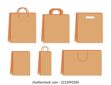 Paper Bag With Handle Template Of Shopping Set. Brown Craft Paper Pack For Gift, Food, Item. Shop, Supermarket Packets, Retail Packaging. Take Away, Delivery In Eco Bag. Mockups Front View. Vector