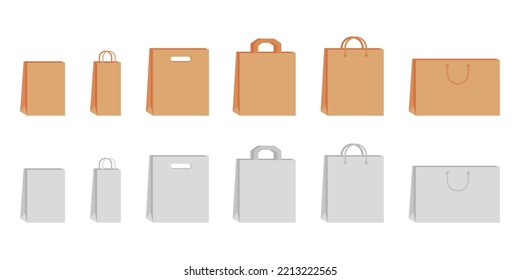 Paper Bag With Handle Template Of Shopping Set. Brown And White Craft Paper Pack For Gift, Food, Item. Shop, Supermarket Packets, Retail Packaging. Take Away, Delivery In Eco Bag. Mockups. Vector Flat