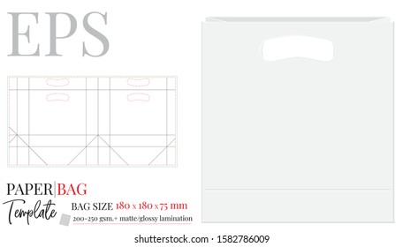 Paper Bag with handle Template, Vector with die cut / laser cut layers. Shopping Bag, 180 x 180 x 75, Packaging Design.  White, clear, blank, isolated Paper Bag mock up on white background