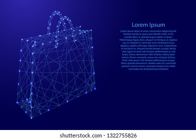 Paper bag with handles for shopping from futuristic polygonal blue lines and glowing stars for banner, poster, greeting card. Vector illustration.