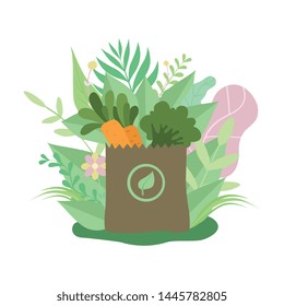 Paper Bag with Healthy Food, Eco Friendly Packaging Surrounded by Green Grass and Flowers Vector Illustration