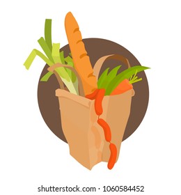 Paper bag with healthy groceries. Vector cartoon Illustration flat design isolated from white. Vegetables, greens, sausages, French baguette, carrot. Eco-friendly packing. Supermarket purchases.