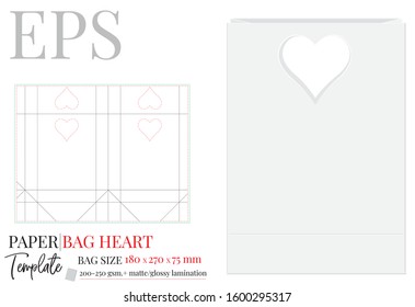 Paper Bag with Heart Handles Illustration, Shopping Bag, 270 x 180 x 75, Packaging Design. Vector with die cut / laser cut layers. White, clear, blank, isolated Paper Bag mock up on white background