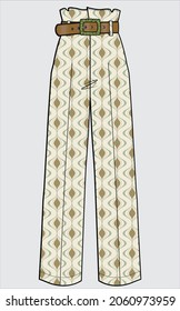 PAPER BAG HIGH WAIST WIDE LEG BOTTOM WITH BELT RETRO SEAMLESS PATTERN FOR WOMEN AND TEEN GIRLS IN VECTOR FILE