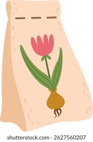 Paper bag holding a tulip bulb, illustrating the process of growth into a vibrant flower, capturing the essence of planting and gardening activities in springtime