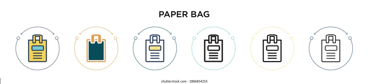 Icono de la bolsa de papel con estilo relleno, delgado, contorno y trazo. Ilustración vectorial de dos diseños de iconos vectores de bolsos de papel de color y negro se pueden utilizar para móviles, ui, web