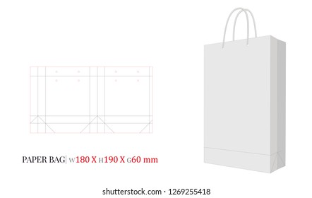 Paper Bag Illustration, Shopping Bag,180 x 190 x 60, Packaging Design, 3D. Vector with die cut layers. White, clear, blank, isolated Paper Bag mock up on white background with perspective view