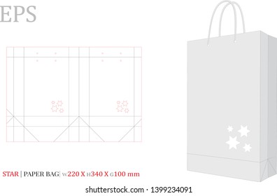 Paper Bag Illustration, Shopping Bag,180 x 190 x 60. Vector with die cut / laser cut layers. White, clear, blank, isolated Stars Paper Bag mock up on white background with perspective view.