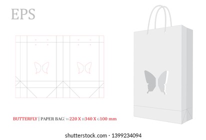 Paper Bag Illustration, Shopping Bag,180 x 190 x 60. Vector with die cut / laser cut layers. White, clear, blank, isolated Butterfly Paper Bag mock up on white background with perspective view.