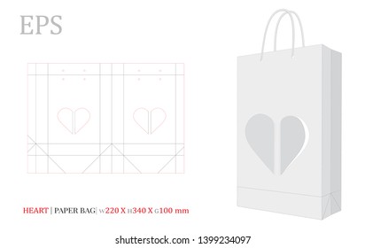 Paper Bag Illustration, Shopping Bag,180 x 190 x 60. Vector with die cut / laser cut layers. White, clear, blank, isolated Heart Paper Bag mock up on white background with perspective view.